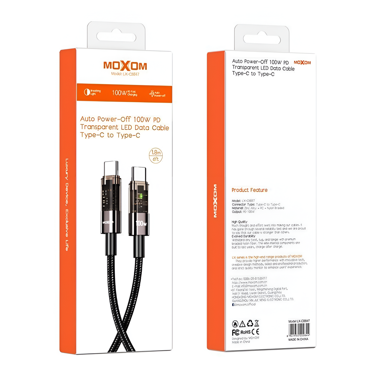 Καλώδιο Φόρτισης Type-C Σε Type-C 100W PD Με LED Και Auto Power-Off 1.8m Moxom LX-CB847