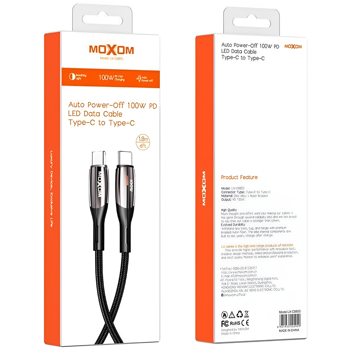Καλώδιο Φόρτισης Type-C Σε Type-C 100W PD Με LED Και Auto Power-Off 1.8m Moxom LX-CB855