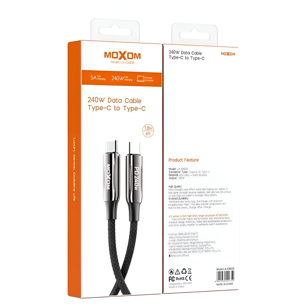 Καλώδιο Φόρτισης Type-C Σε Type-C 240W 1.8m Moxom LX-CB838