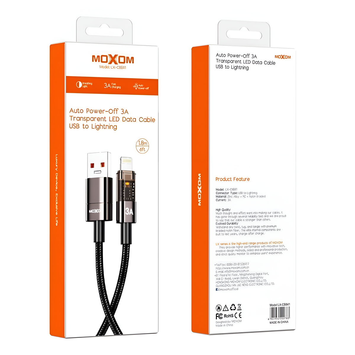 Καλώδιο Φόρτισης USB Σε Lightning 3A 1.8m Moxom LX-CB841