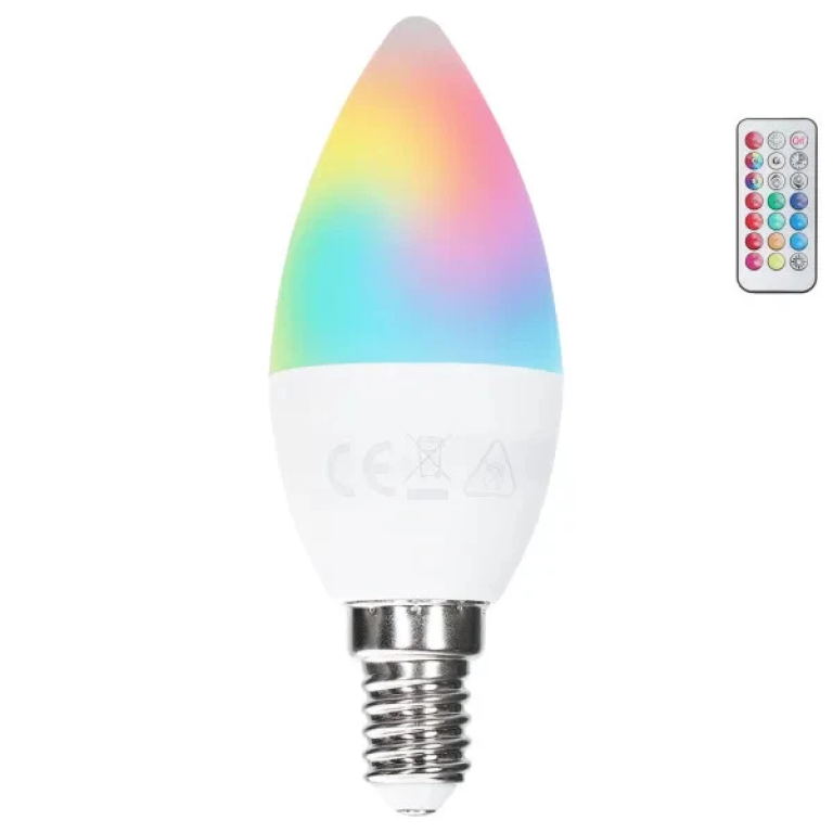Λάμπα LED C37 E14 4.8W Πολύχρωμο RGB + 3000K Θερμό Φως με Τηλεχειριστήριο Aigostar