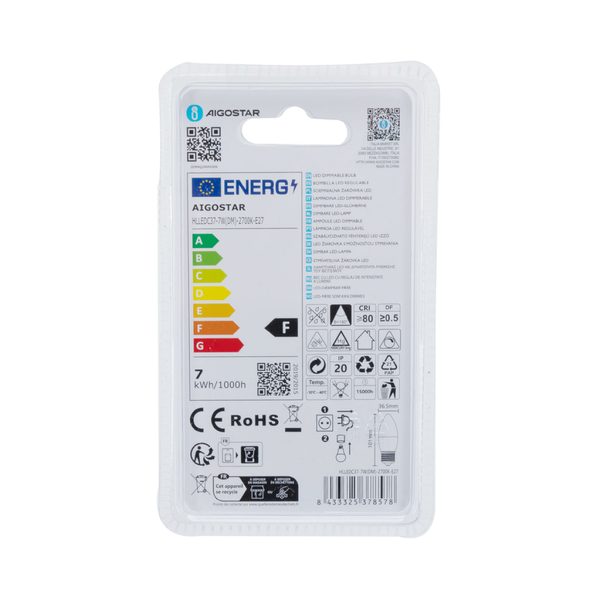 Λάμπα LED C37 E27 7W 2700K Θερμό Φως Dimmable Aigostar - Image 5