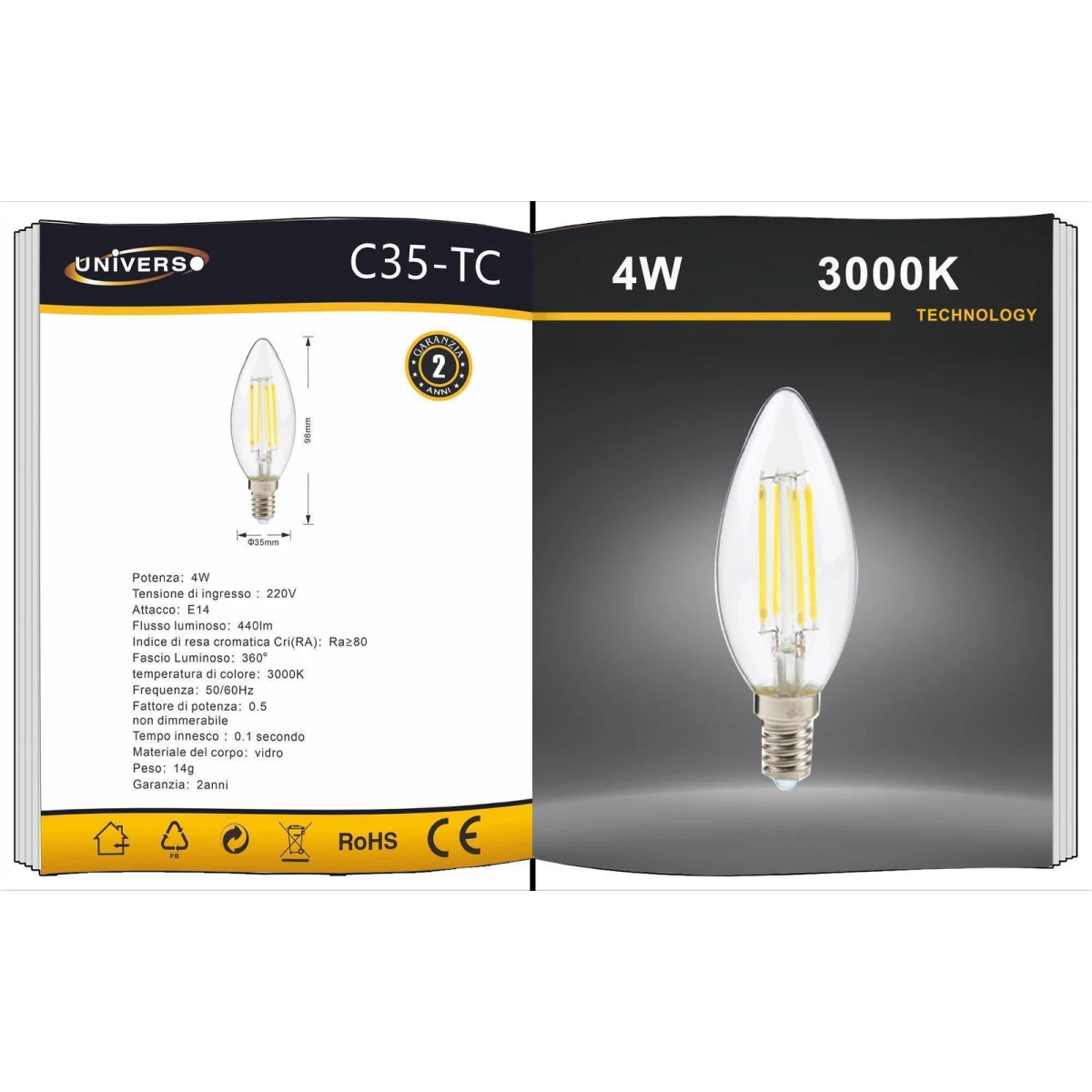 Λάμπα LED E14 4W 3000K C35-TC Universo