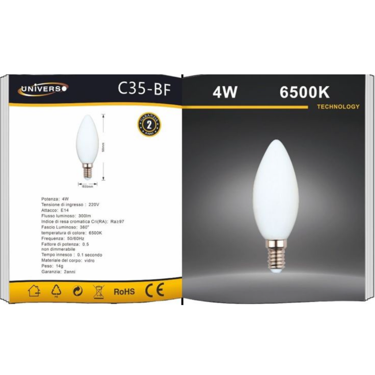 Λάμπα LED E14 4W 6500K C35-BF Universo