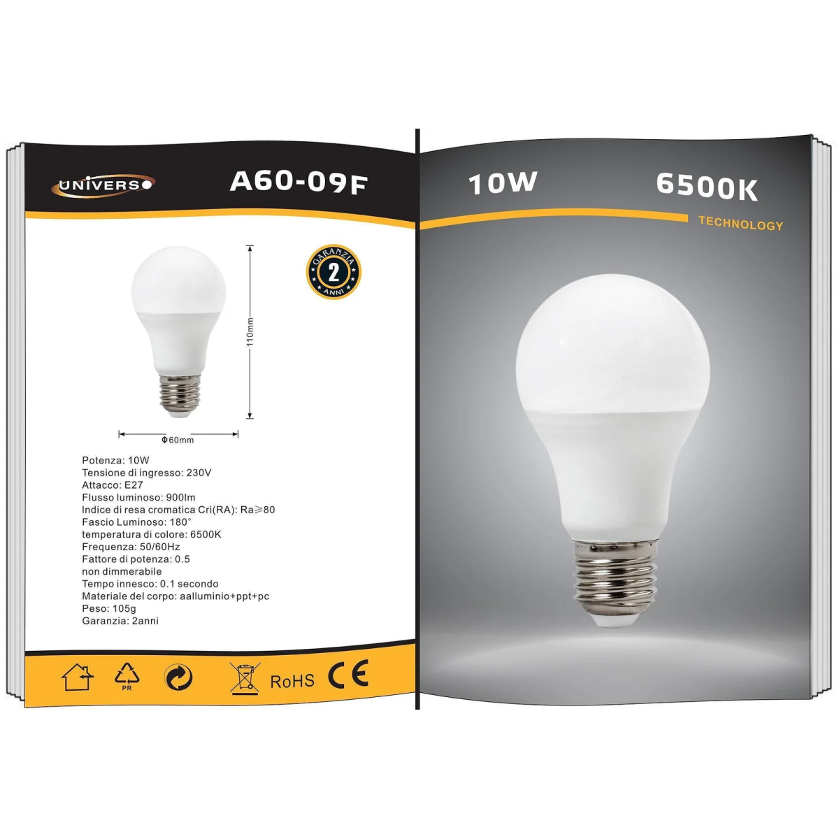 Λάμπα LED E27 10W Ψυχρό Λευκό 6500K A60-09F Universo