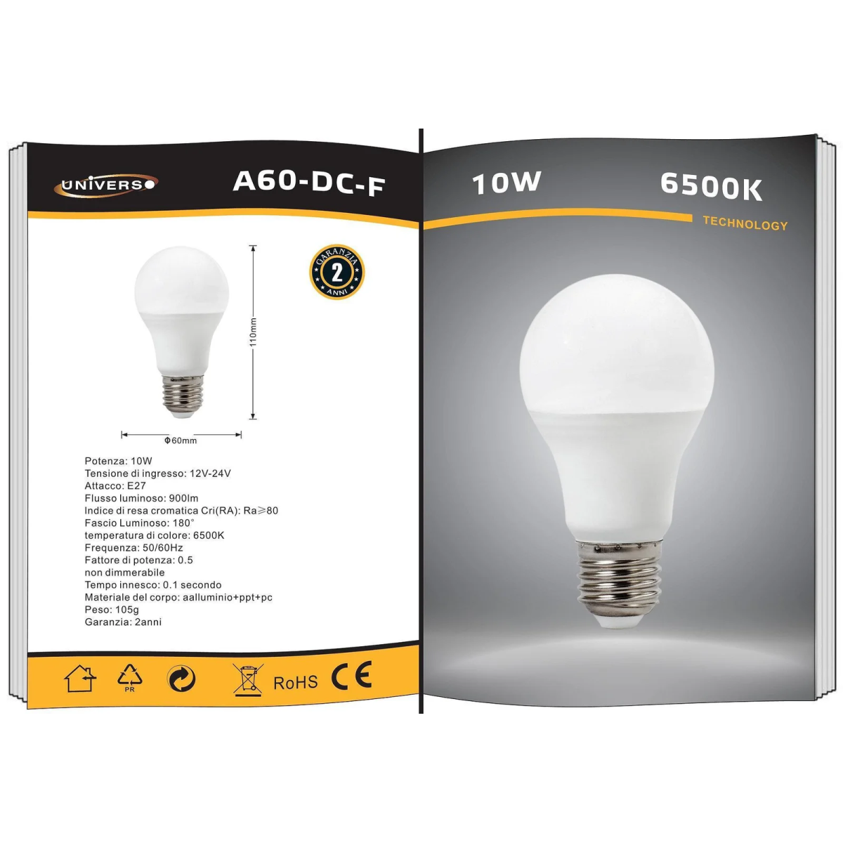 Λάμπα LED E27 10W Ψυχρό Λευκό 6500K A60-DC-F Universo - Image 2