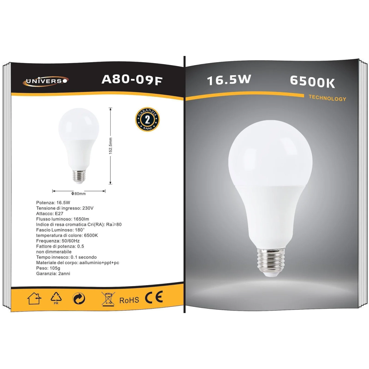 Λάμπα LED E27 16.5W Ψυχρό Λευκό 6500K A80-09F Universo