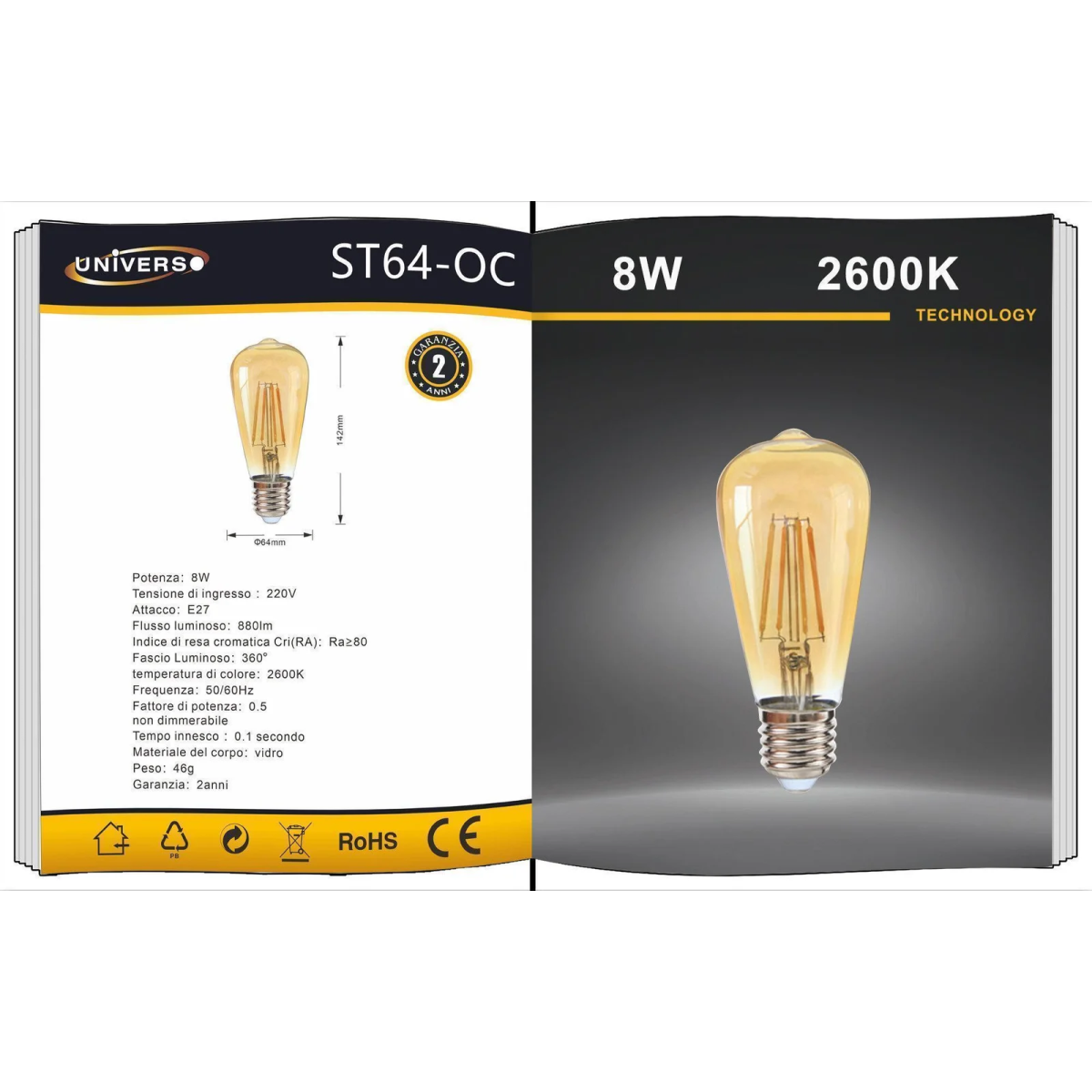 Λάμπα LED Filament E27 8W 2600K ST64-OC Universo