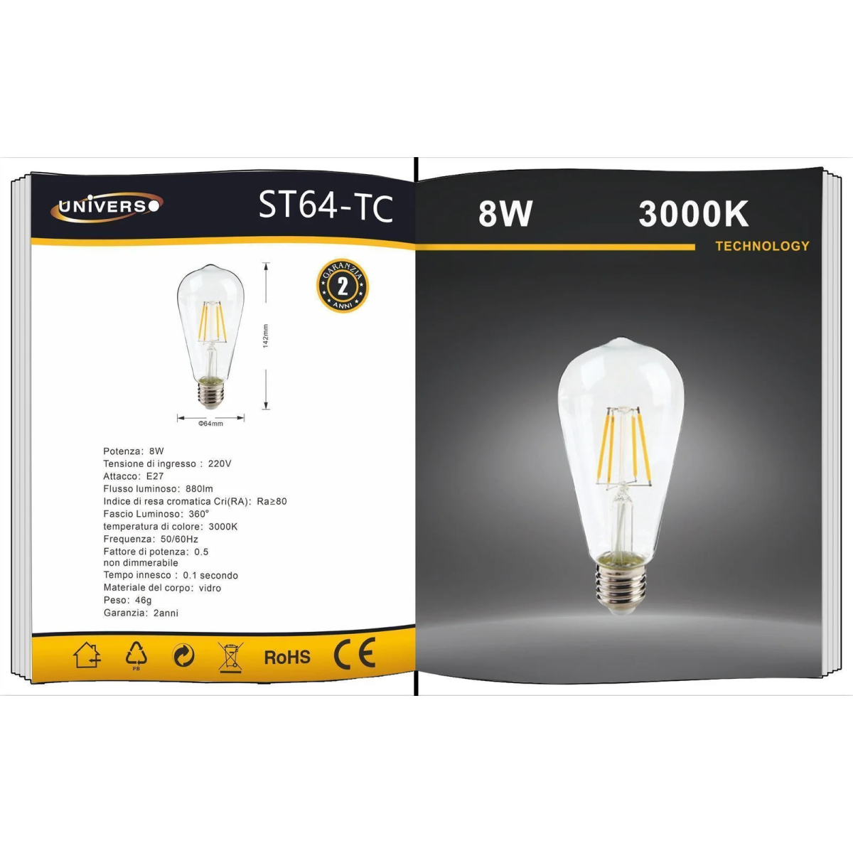 Λάμπα LED Filament E27 8W θερμό λευκό 3000K ST64-TC Universo