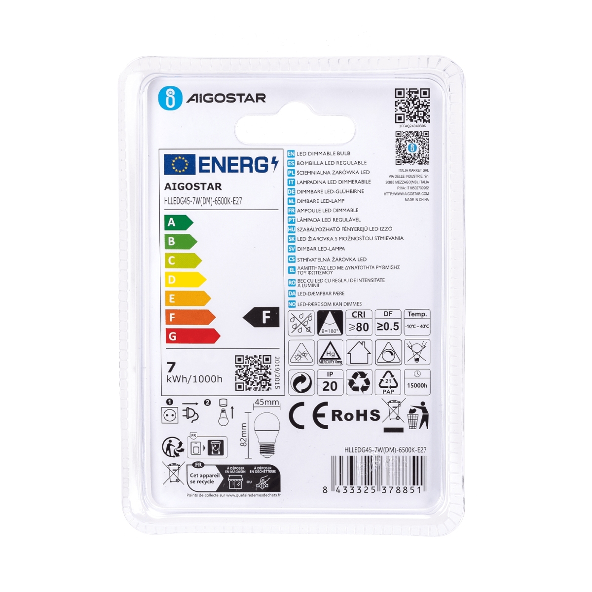 Λάμπα LED G45 E27 7W 6500K Ψυχρό Φως Dimmable Aigostar - Image 3