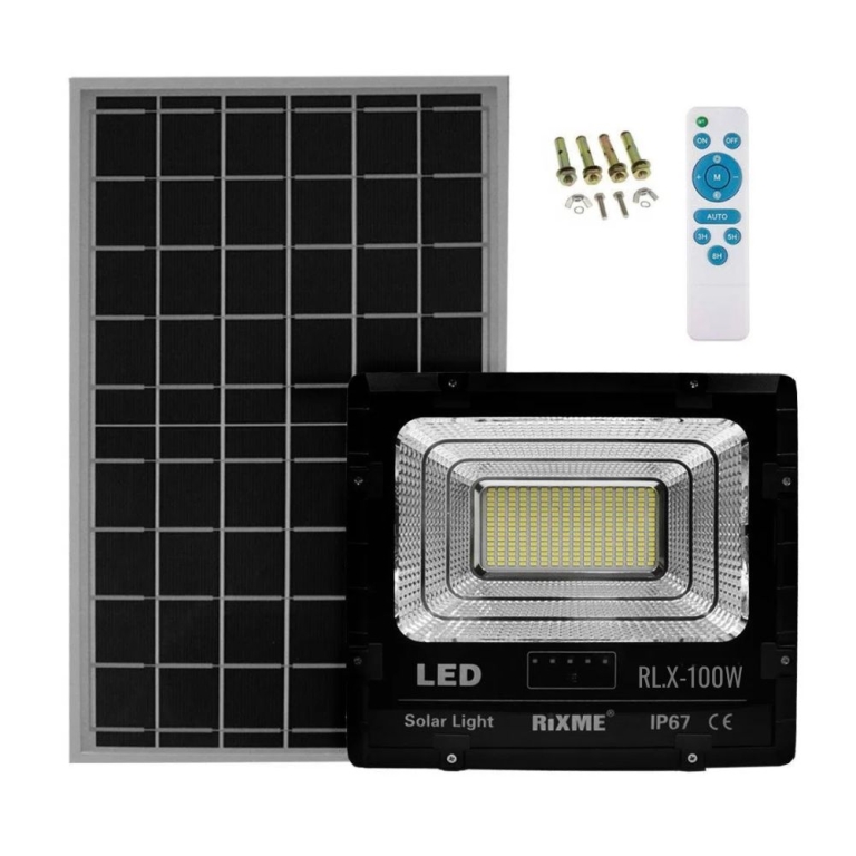 Led αδιάβροχος ηλιακός προβολέας 100W με πάνελ και τηλεχειριστήριο Rixme RL.X-100W