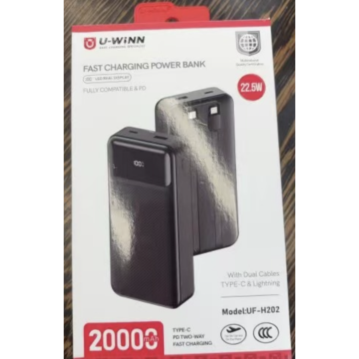 Power Bank 20000mAh Με Ενσωματωμένα Καλώδια Fast Charging 22.5W Μαύρο U-Winn UF-H202