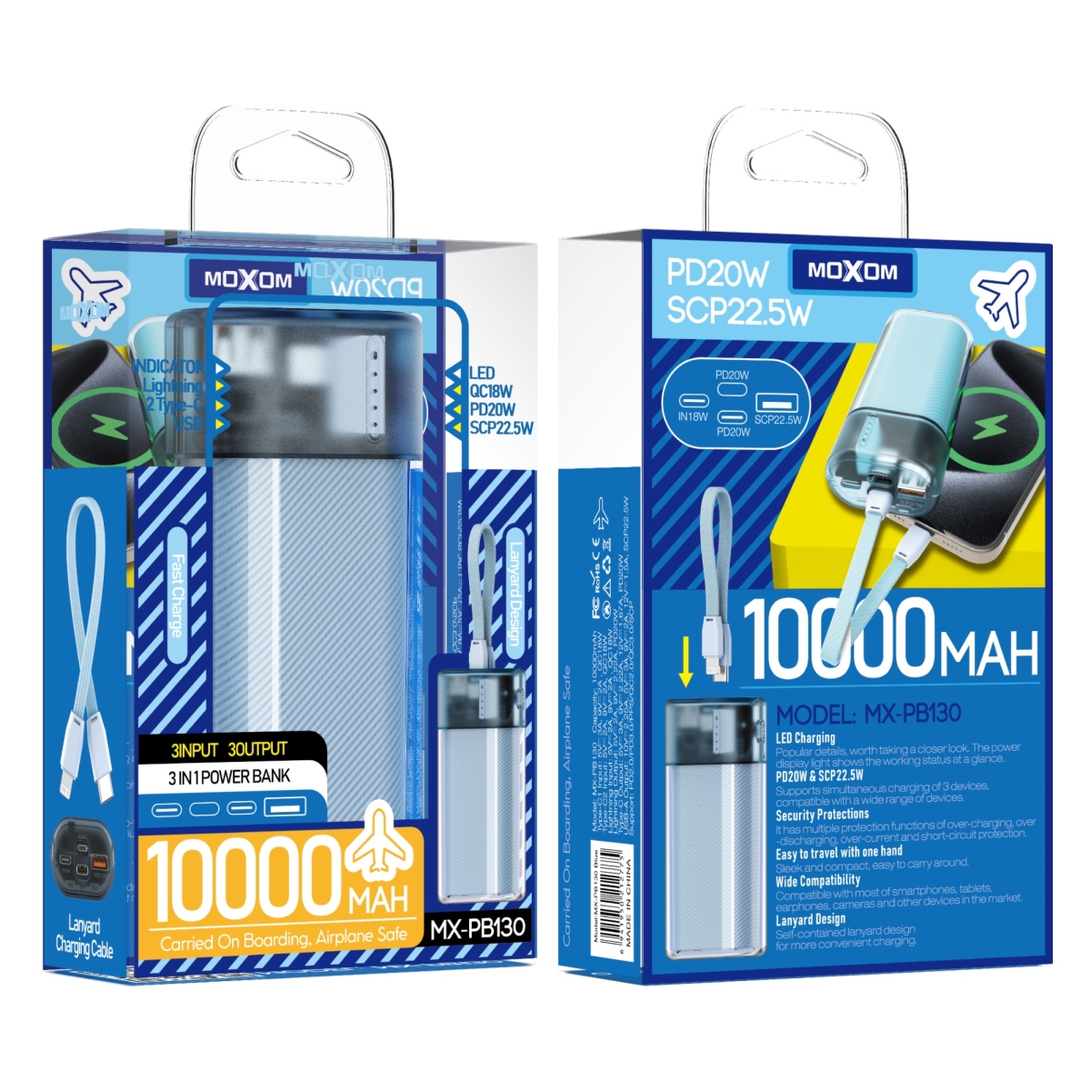 Power Bank 3 Σε 1 10000mAh Με PD 20W & Ενσωματωμένα Καλώδια Moxom MX-PB130 - Image 2