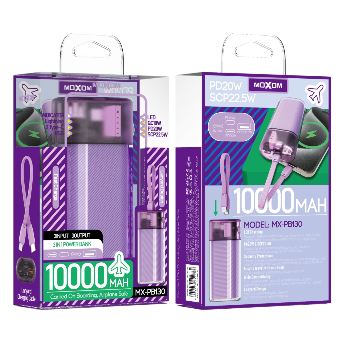 Power Bank 3 Σε 1 10000mAh Με PD 20W & Ενσωματωμένα Καλώδια Moxom MX-PB130 - Image 3