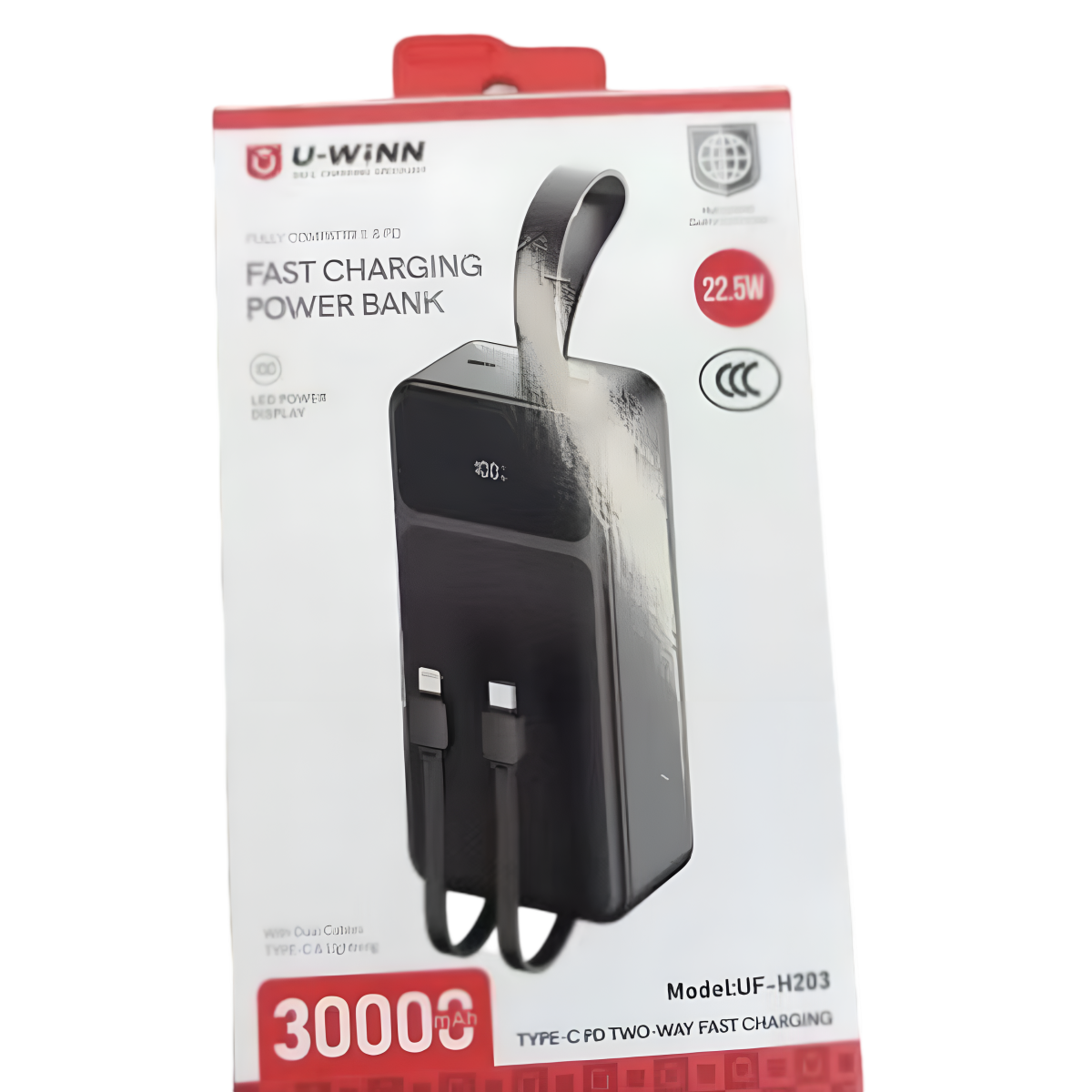 Power Bank 30000mAh Με Ενσωματωμένα Καλώδια Fast Charging 22.5W Μαύρο U-Winn UF-H203