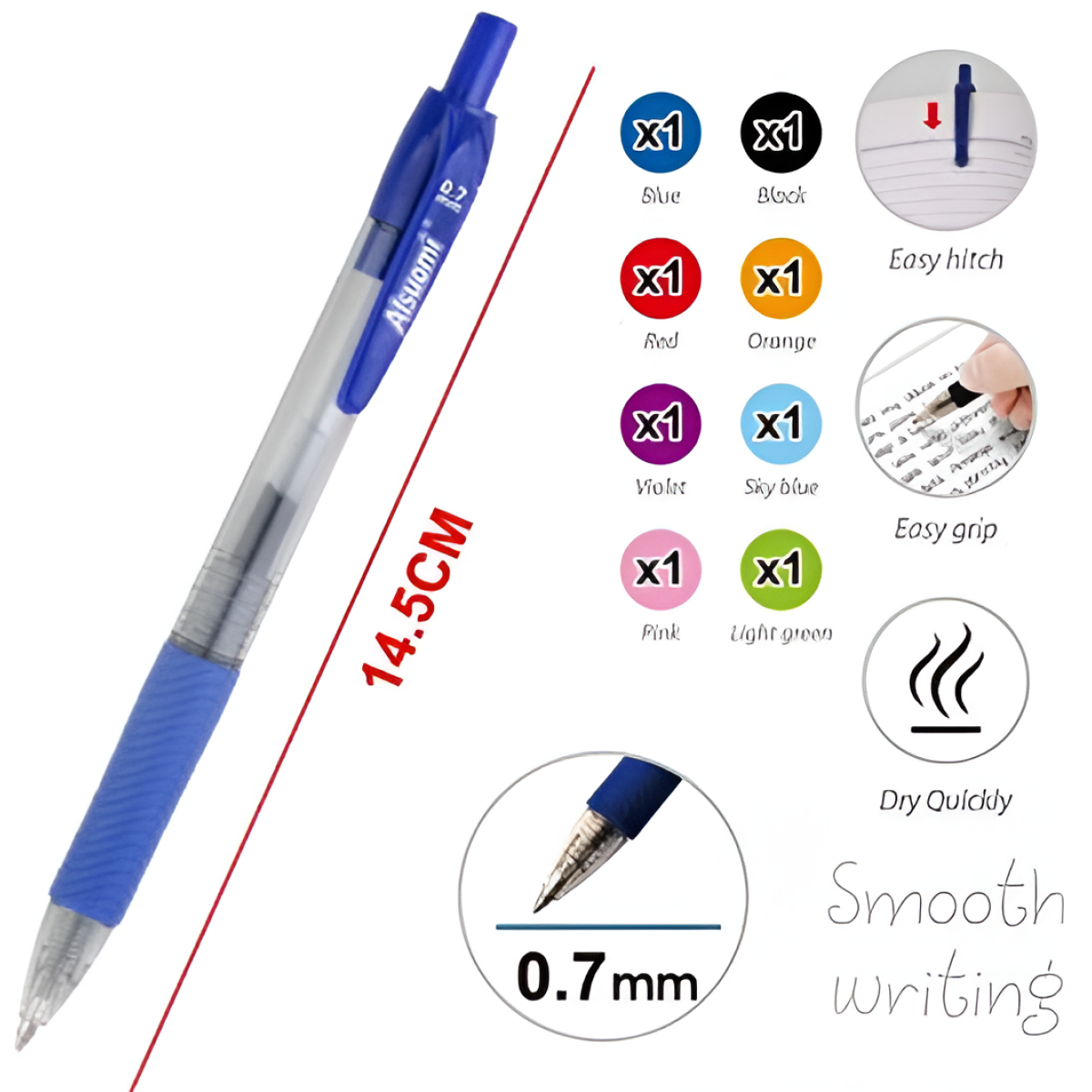 Σετ Στυλό Gel 8 Τεμαχίων Πολύχρωμα 0.7mm Alsuomi AL3208 - Image 2