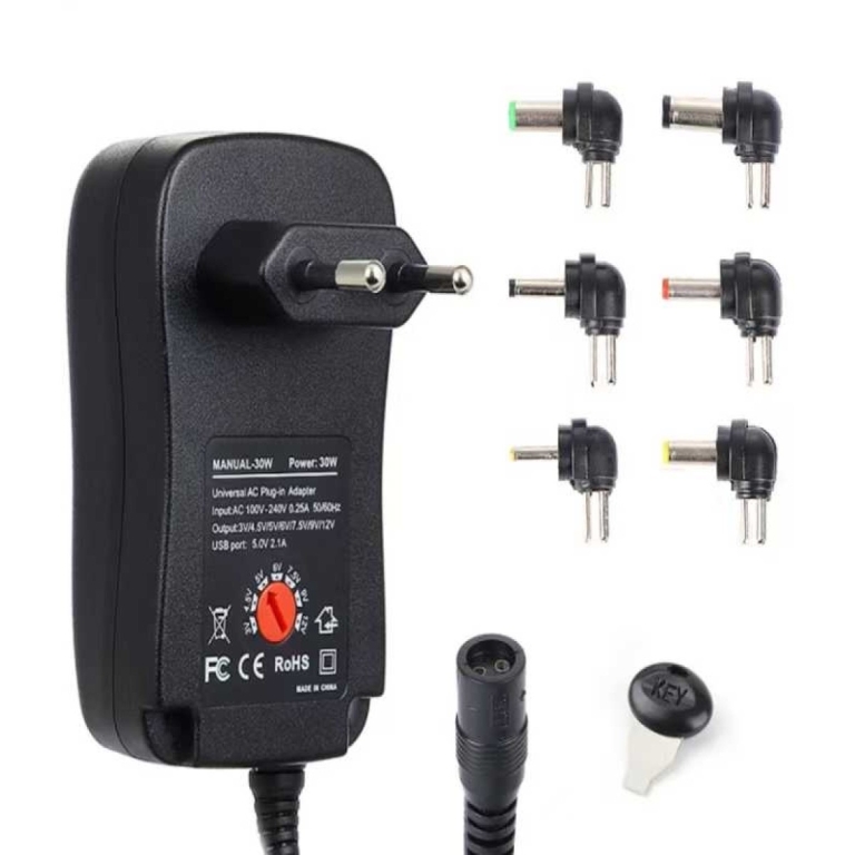 Τροφοδοτικό Μετασχηματιστής AC/DC Ρυθμιζόμενο 3-12V Με USB Και 6 Βύσματα 30W