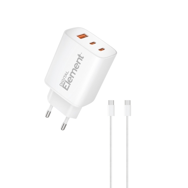 Φορτιστής Σπιτιού GaN PD 65W Element CH-450 3 Θέσεων, με καλώδιο USB-C 100W 1m Λευκό