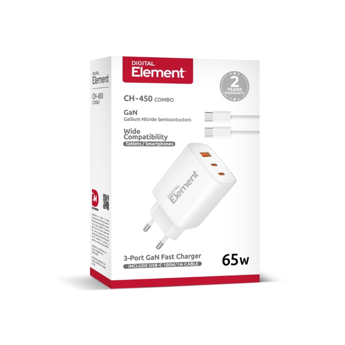 Φορτιστής Σπιτιού GaN PD 65W Element CH-450 3 Θέσεων, με καλώδιο USB-C 100W 1m Λευκό - Image 3