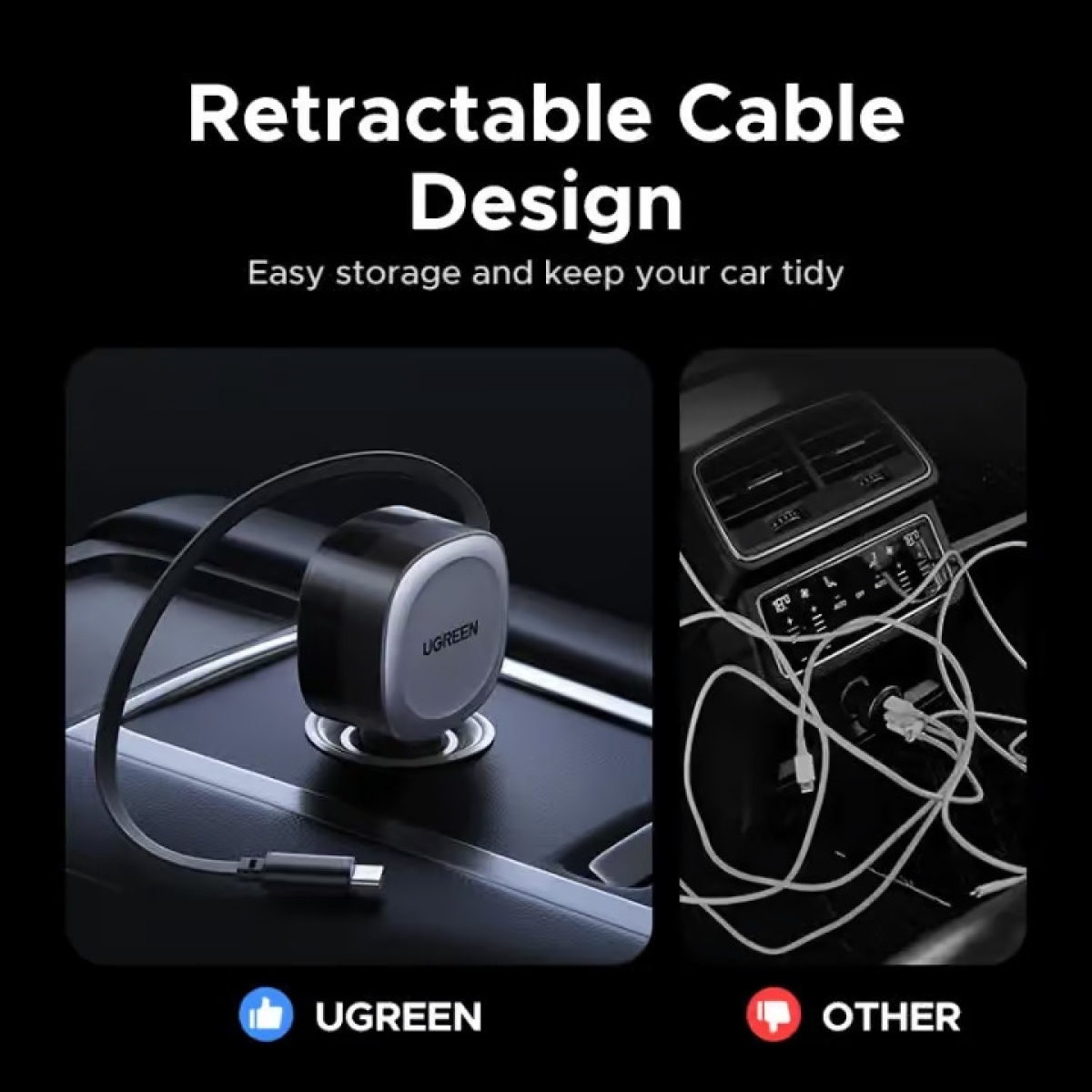 Ugreen Φορτιστής Αναπτήρα Αυτοκινήτου GaN 75W, USB-A + USB-C + Ενσωματωμένο Καλώδιο USB-C 0,75m Σκούρο Γκρι EC601 / 55653 - Image 3
