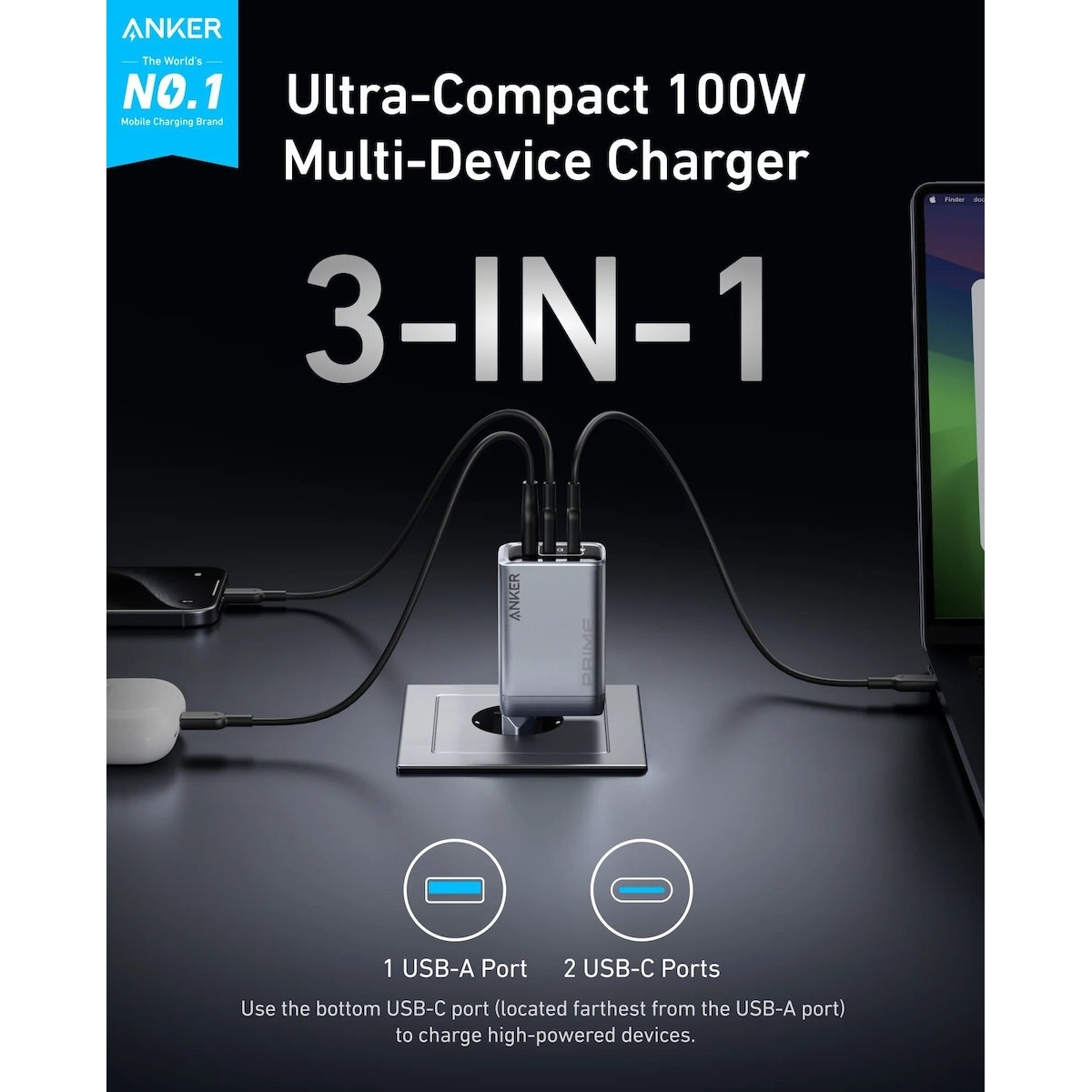 Anker Φορτιστής Χωρίς Καλώδιο GaN με Θύρα USB-A και 2 Θύρες USB-C 100W Power Delivery Μαύρος (Prime) - Image 3