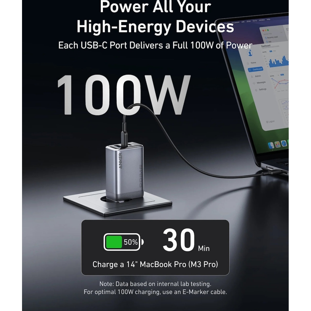 Anker Φορτιστής Χωρίς Καλώδιο GaN με Θύρα USB-A και 2 Θύρες USB-C 100W Power Delivery Μαύρος (Prime) - Image 4