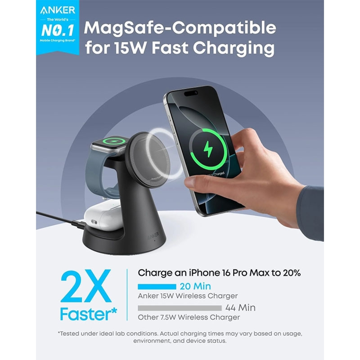 Anker MagGo 3in1 Wireless Charger, 15W, 1.67A, Μαύρος B25M4G11 - Image 3