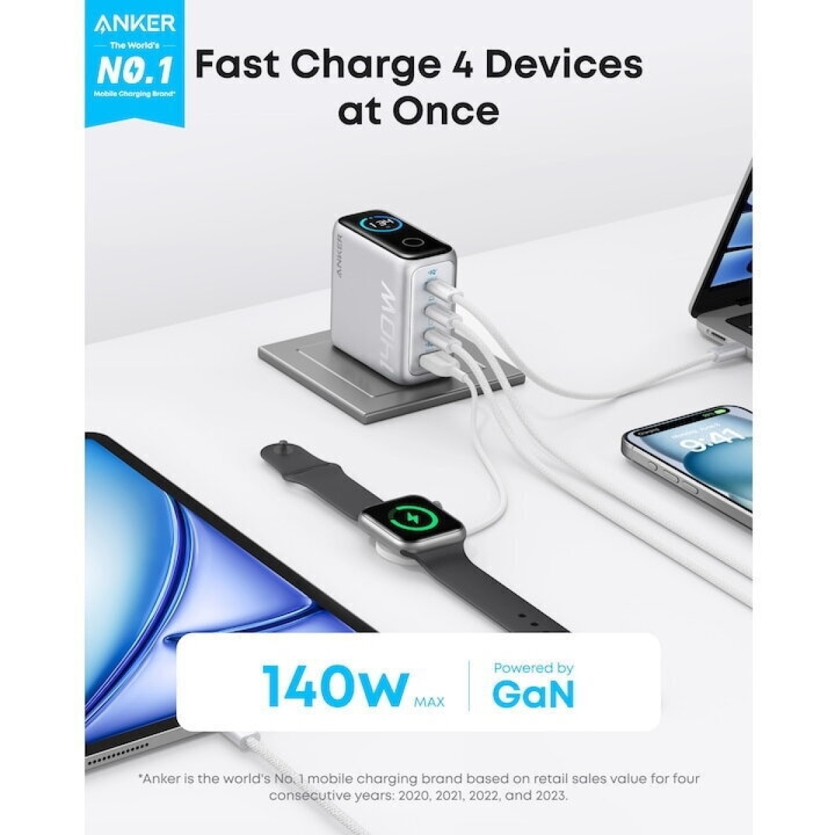 Anker Φορτιστής 1xUSB-A 3xUSB-C 140W 5A και Καλώδιο USB-C Γκρι (Zolo) - Image 2