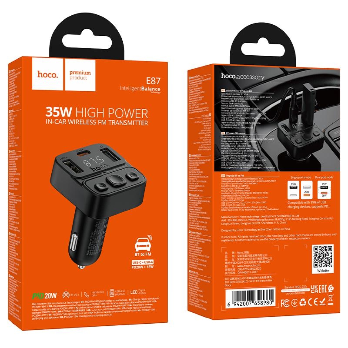 Bluetooth FM Transmitter Αυτοκινήτου 35W Με USB-A Και USB-C Hoco E87 Delta - Image 3