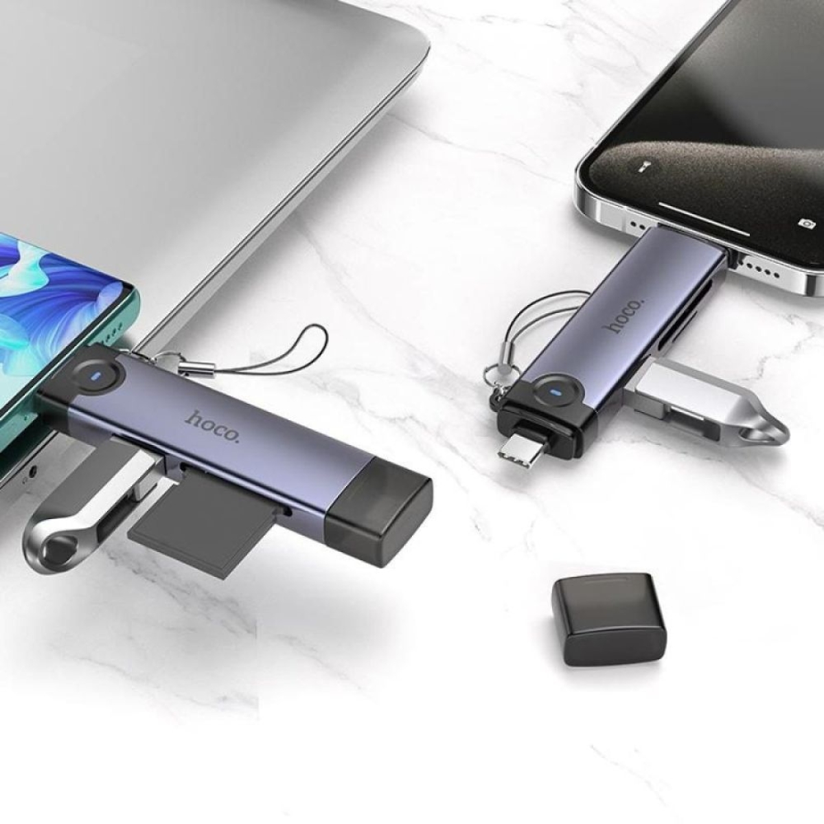 Hoco HB56B Victory OTG 3 σε 1 Card Reader Υποδοχή Type-C και Lightning για Κάρτα Μνήμης TF και Κάρτα SD Γκρι
