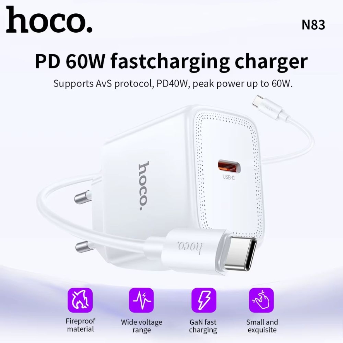 Hoco N83 Φορτιστής με Καλώδιο Type-C και Θύρα USB-C 40W Single-Port GaN Fast Charger Λευκό