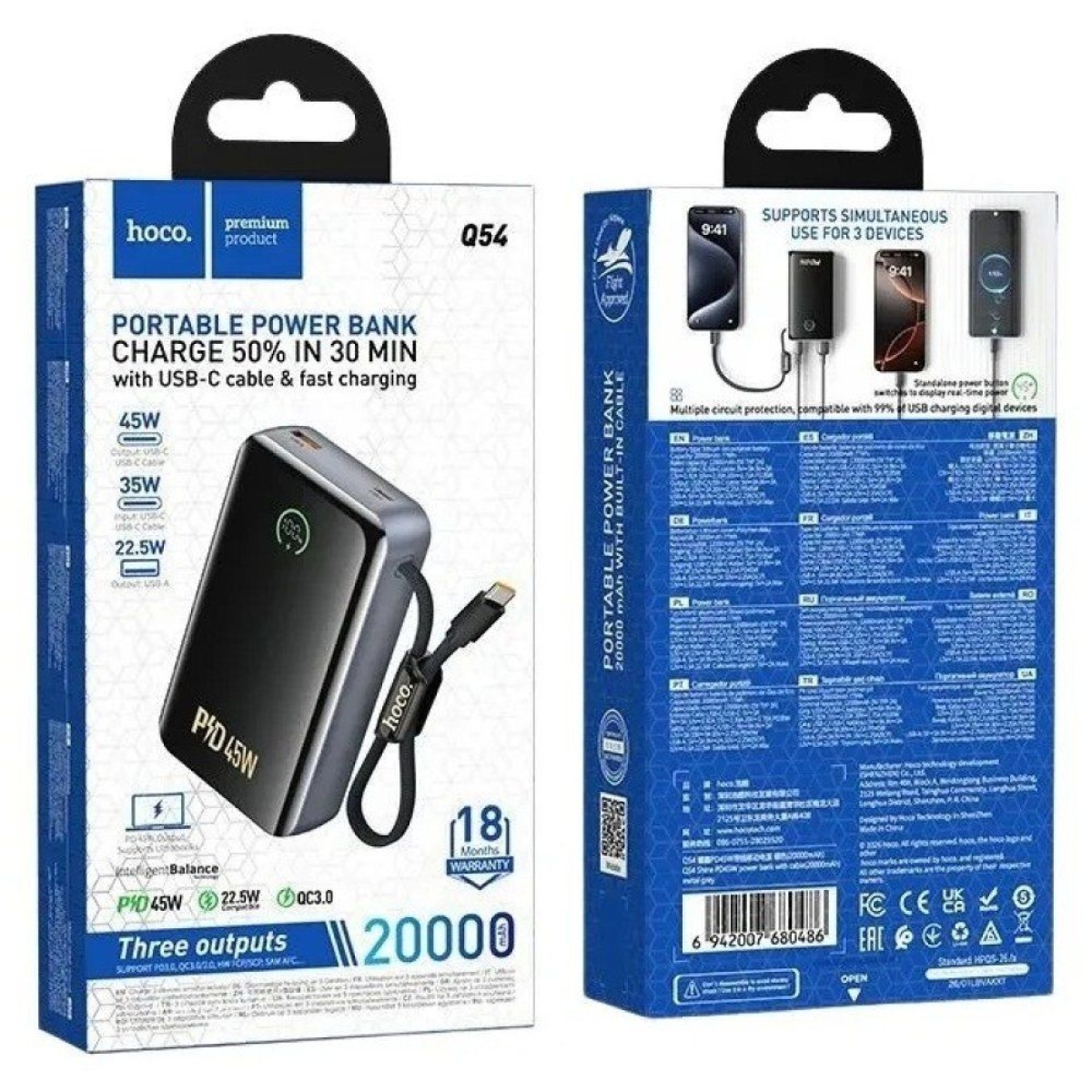 Hoco Q54 Shine Power Bank 20.000mah 45W με 2 Θύρες και Ενσωματωμένο Καλώδιο Type-C Μαύρο