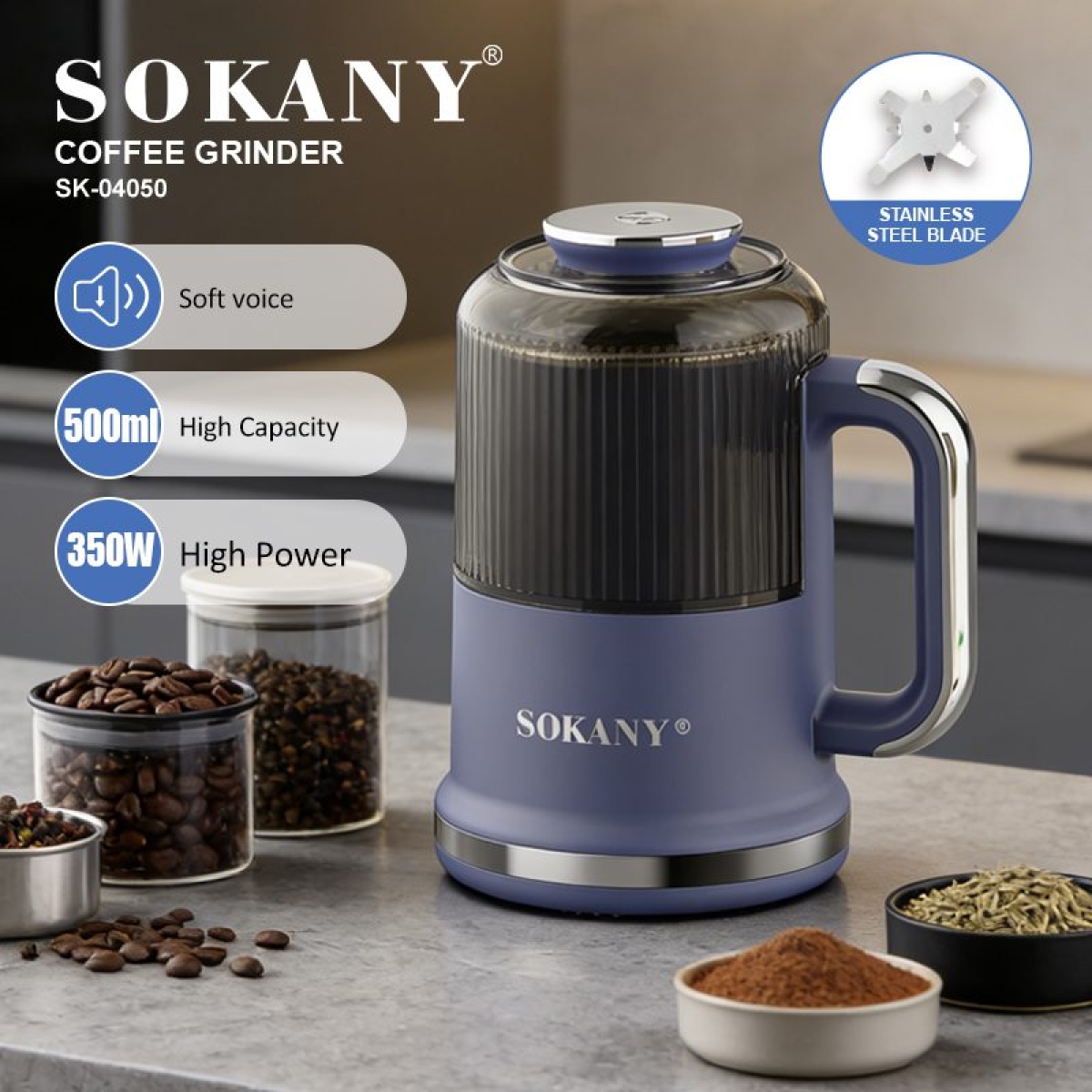 Ηλεκτρικός Μύλος Καφέ & Μπαχαρικών 350W 500ml Sokany SK-04050 - Μπλε Ματ - Image 4