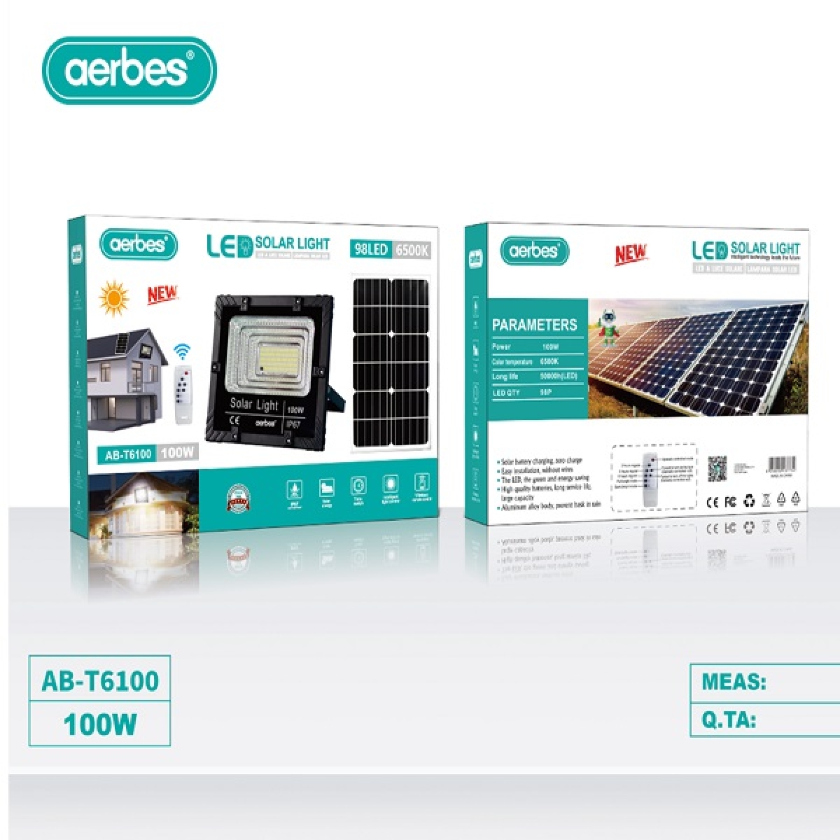 Ηλιακός Προβολέας 100W 98 LED Με Πάνελ Και Τηλεχειριστήριο Aerbes AB-T6100 - Image 2