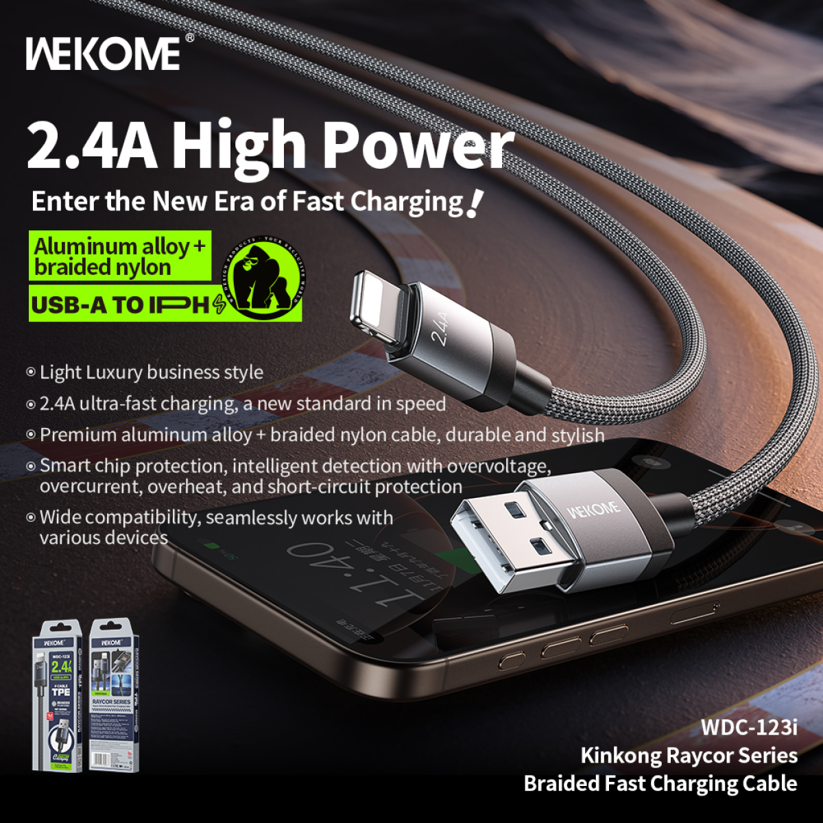 Καλώδιο Φόρτισης Και Δεδομένων USB-A Σε Lightning 1m 6A WEKOME WDC-123i - Image 3