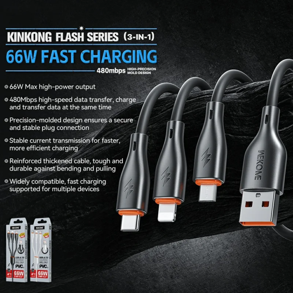 Καλώδιο Ταχείας Φόρτισης 3 Σε 1 USB-A Σε Type-C / Lightning / Micro USB 66W 1.2m Wekome WDC-119 - Image 2