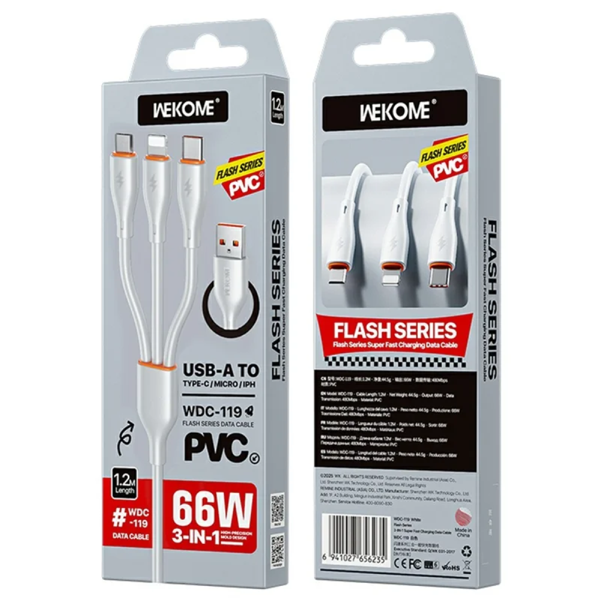 Καλώδιο Ταχείας Φόρτισης 3 Σε 1 USB-A Σε Type-C / Lightning / Micro USB 66W 1.2m Wekome WDC-119 - Image 3