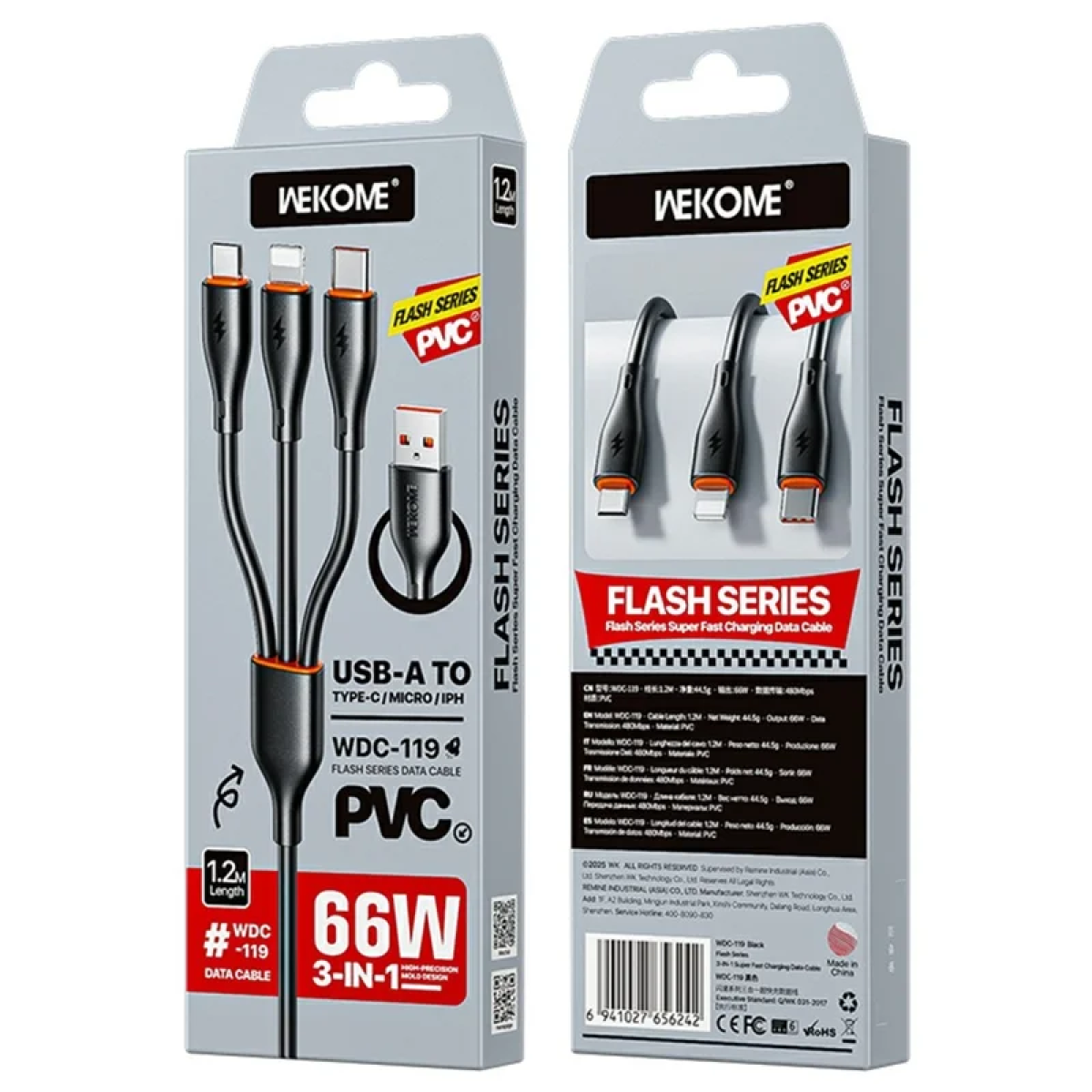Καλώδιο Ταχείας Φόρτισης 3 Σε 1 USB-A Σε Type-C / Lightning / Micro USB 66W 1.2m Wekome WDC-119 - Image 4