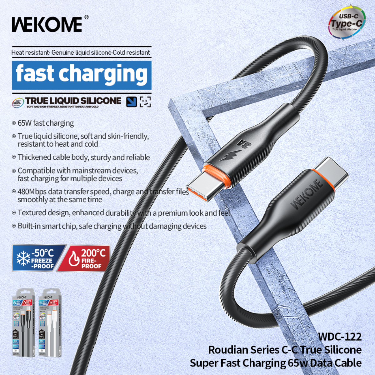 Καλώδιο Ταχείας Φόρτισης USB-C Σε USB-C 65W 1m Wekome WDC-122 - Image 3