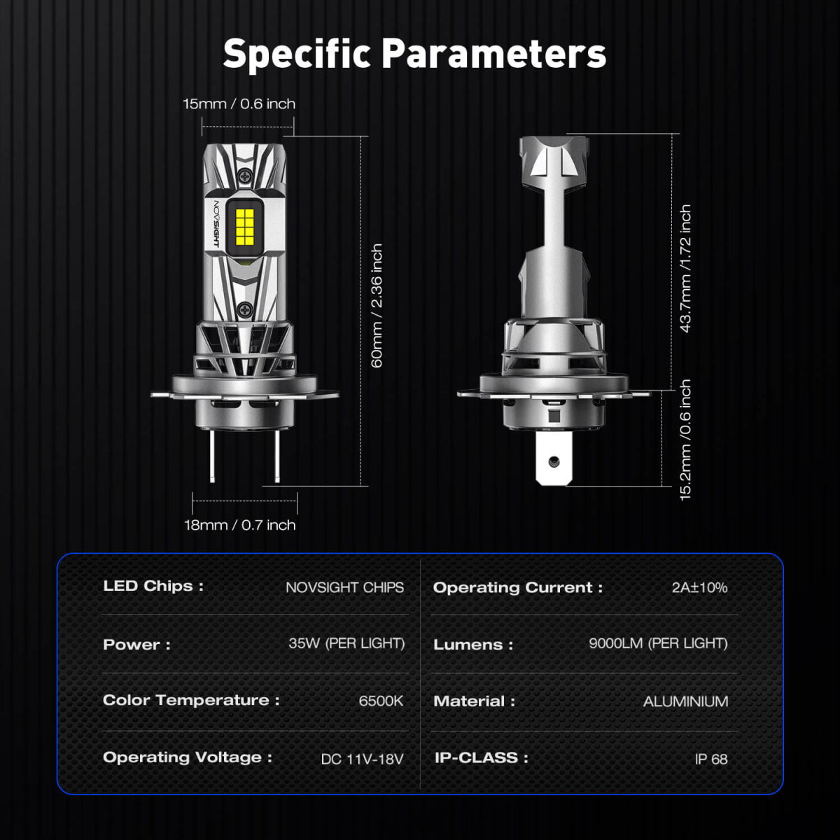 Λάμπες LED Αυτοκινήτου H7 A500 N79 70W 18000LM 6500K IP68 Novsight - Image 2