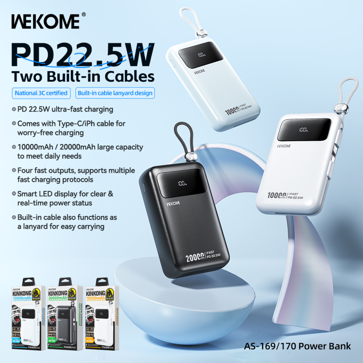 Power Bank 10000mAh Με Ενσωματωμένο Lightning Καλώδιο & Fast Charging Wekome AS-169 - Image 5