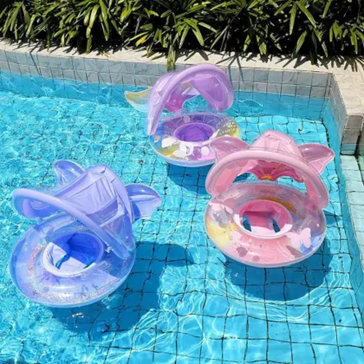 Βρεφικό Φουσκωτό Σωσίβιο Με Σκίαστρο, Glitter και Ουρά Γοργόνας - Image 9