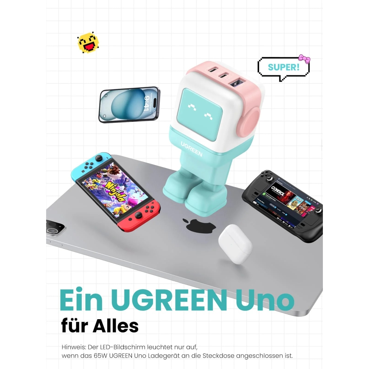 Ugreen Φορτιστής Χωρίς Καλώδιο 220V 65W, USB-A, 2xUSB-C Nexode UNO Robot GaN Γαλάζιο/Ροζ CD361 / 35855 - Image 3