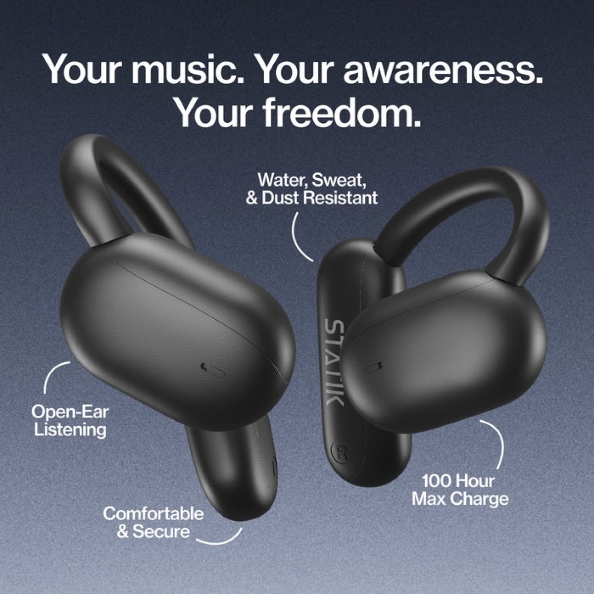STATIK Aktive Ακουστικά True Wireless Open Bluetooth Earbuds Black PUP-0705-BLK - Image 3