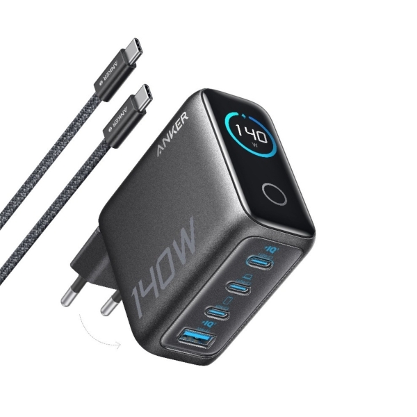 Anker Φορτιστής GaN 1xUSB-A 3xUSB-C 140W 5A και Καλώδιο USB-C Power Delivery Μαύρος