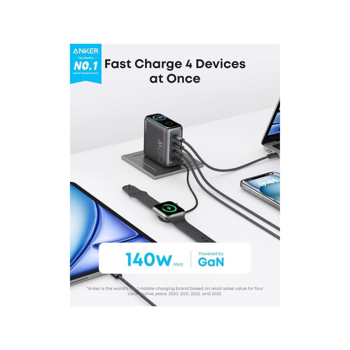 Anker Φορτιστής GaN 1xUSB-A 3xUSB-C 140W 5A και Καλώδιο USB-C Power Delivery Μαύρος - Image 2