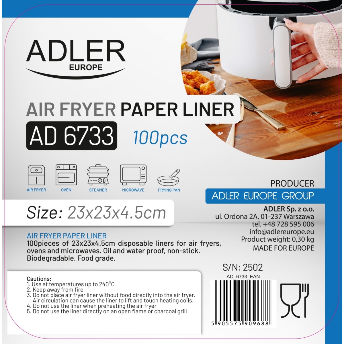 Adler Αντικολλητικά Χαρτιά για Air Fryer 23x23εκ. 100τμχ AD_6733 - Image 2