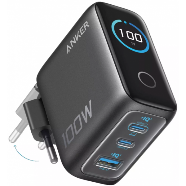 Anker Φορτιστής με Θύρα USB-A και 2 Θύρες USB-C και Καλώδιο USB-C - USB-C 100W Power Delivery Dark Grey (Smart Display)