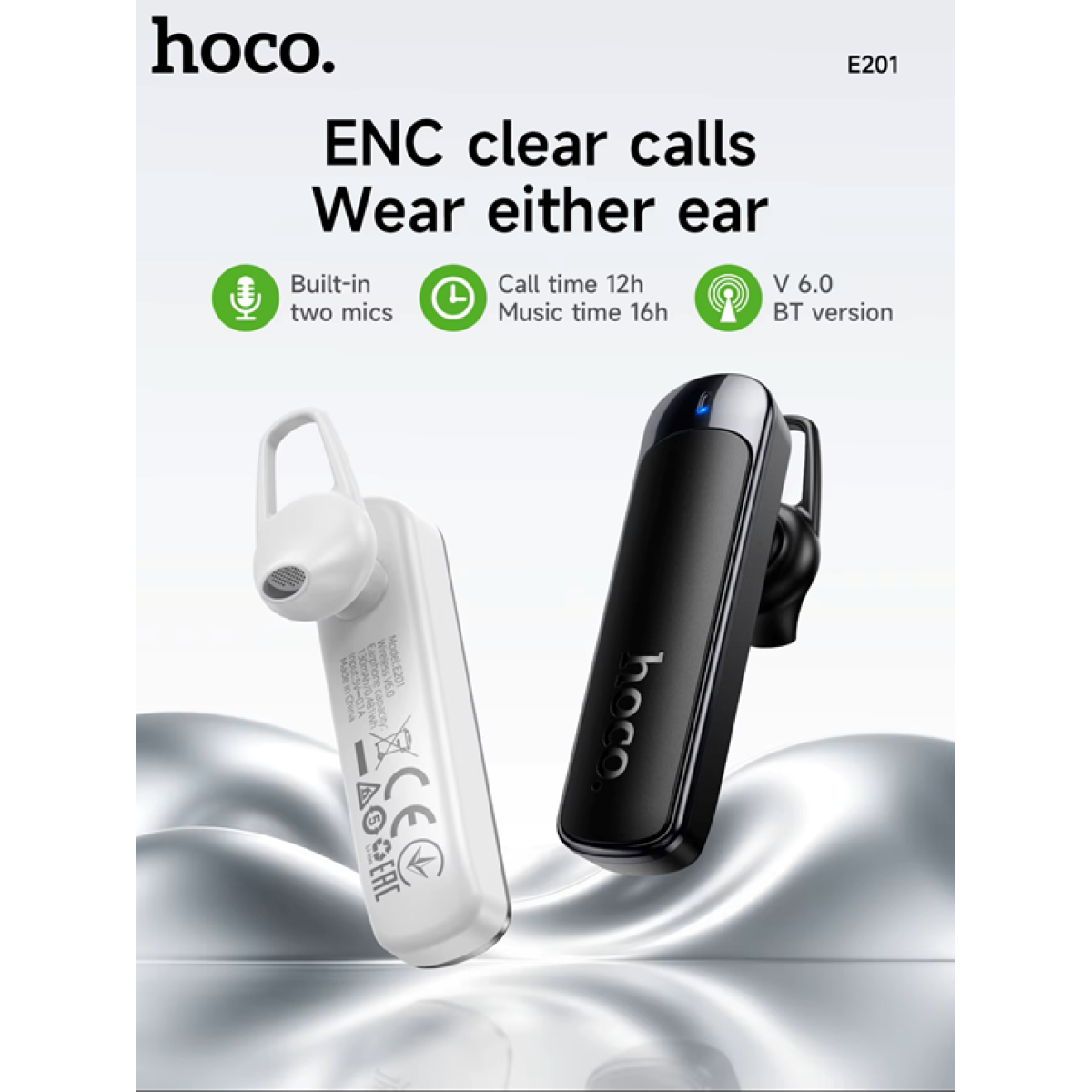 Bluetooth 6.0 Μονό Ασύρματο Handsfree Ακουστικό ENC με Διπλό Μικρόφωνο HOCO E201 - Image 2