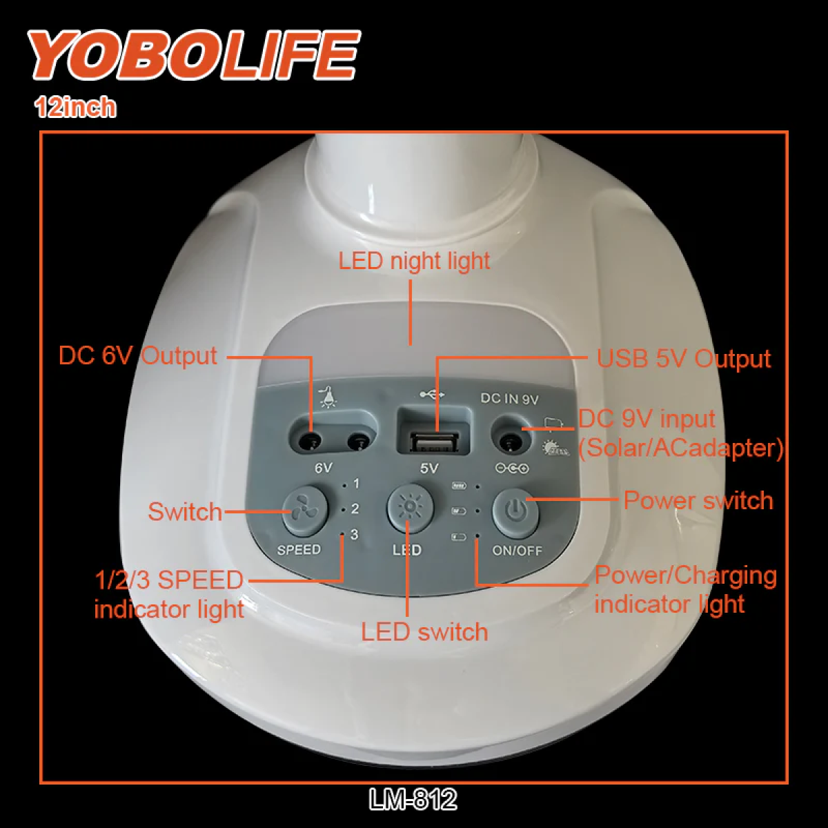 Επιτραπέζιος Ανεμιστήρας 12'' Με Φωτισμό LED & Ηλιακή Φόρτιση Yobolife LM-812 - Image 9